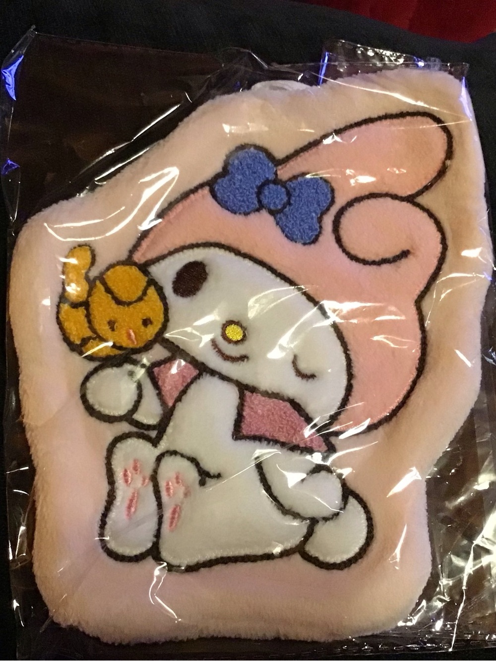Cute Pink Character Plush Pouch with Blue Bow